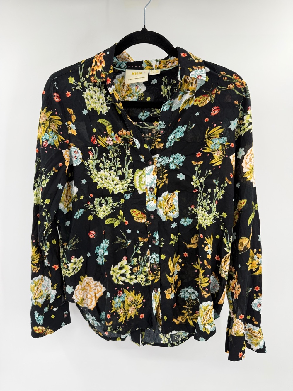 Maeve Anthropologie Woodland Critter Blouse Black Bunny Floral Whimsygoth Size 2